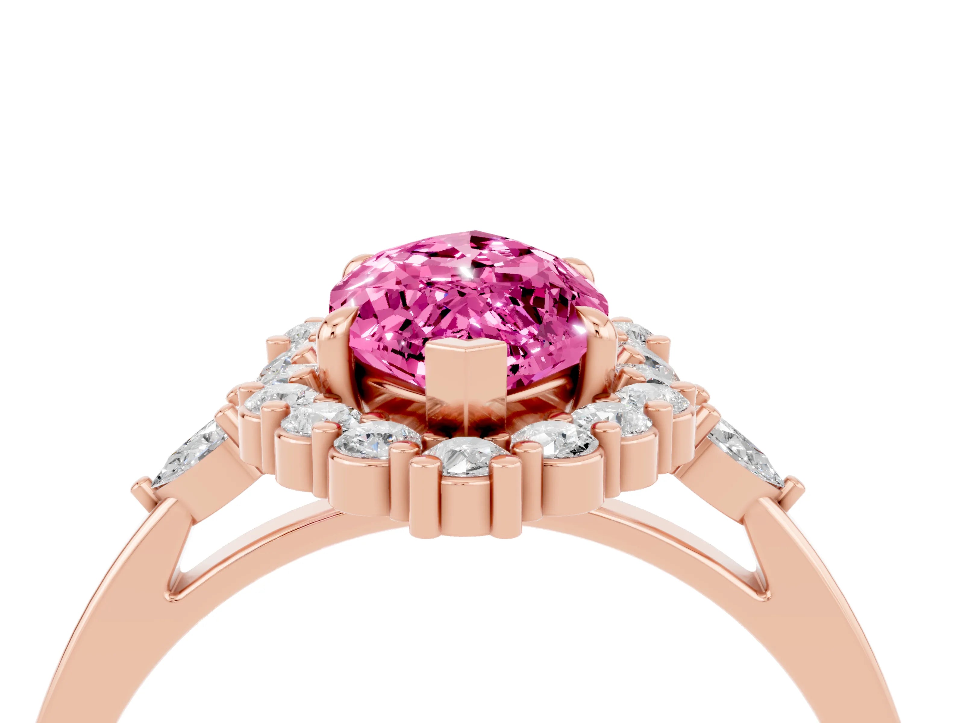 Rose gold Marquise Cut Pink Sapphire Halo Ring with Pear Side Stones and Prong Setting_28