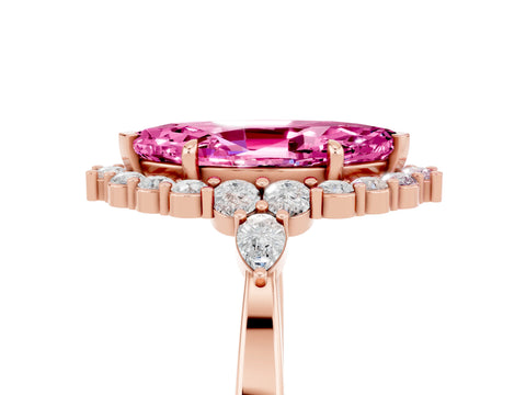 Rose gold Marquise Cut Pink Sapphire Halo Ring with Pear Side Stones and Prong Setting_29