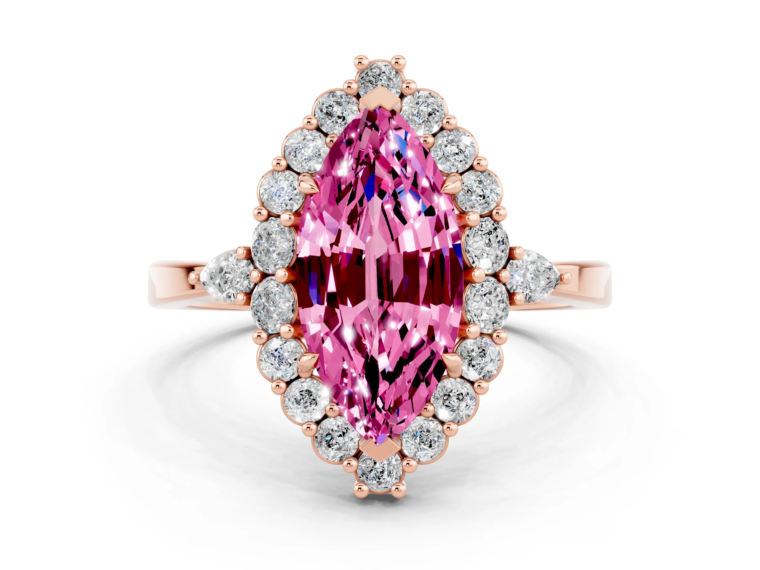 Rose gold Marquise Cut Pink Sapphire Halo Ring with Pear Side Stones and Prong Setting_36