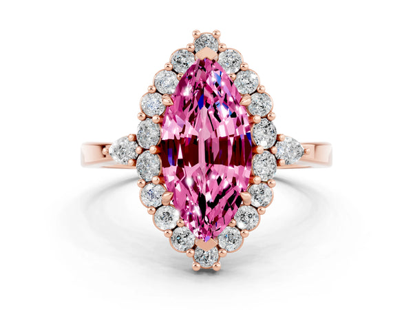 Rose gold Marquise Cut Pink Sapphire Halo Ring with Pear Side Stones and Prong Setting