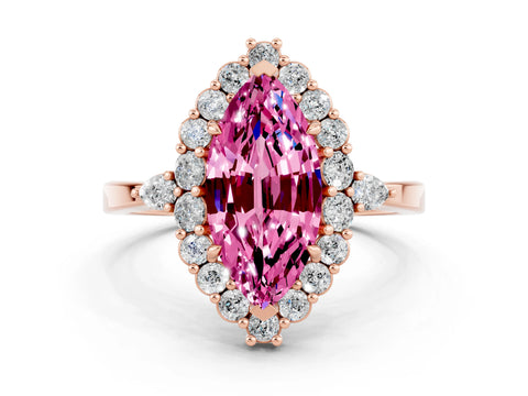 Rose gold Marquise Cut Pink Sapphire Halo Ring with Pear Side Stones and Prong Setting_36
