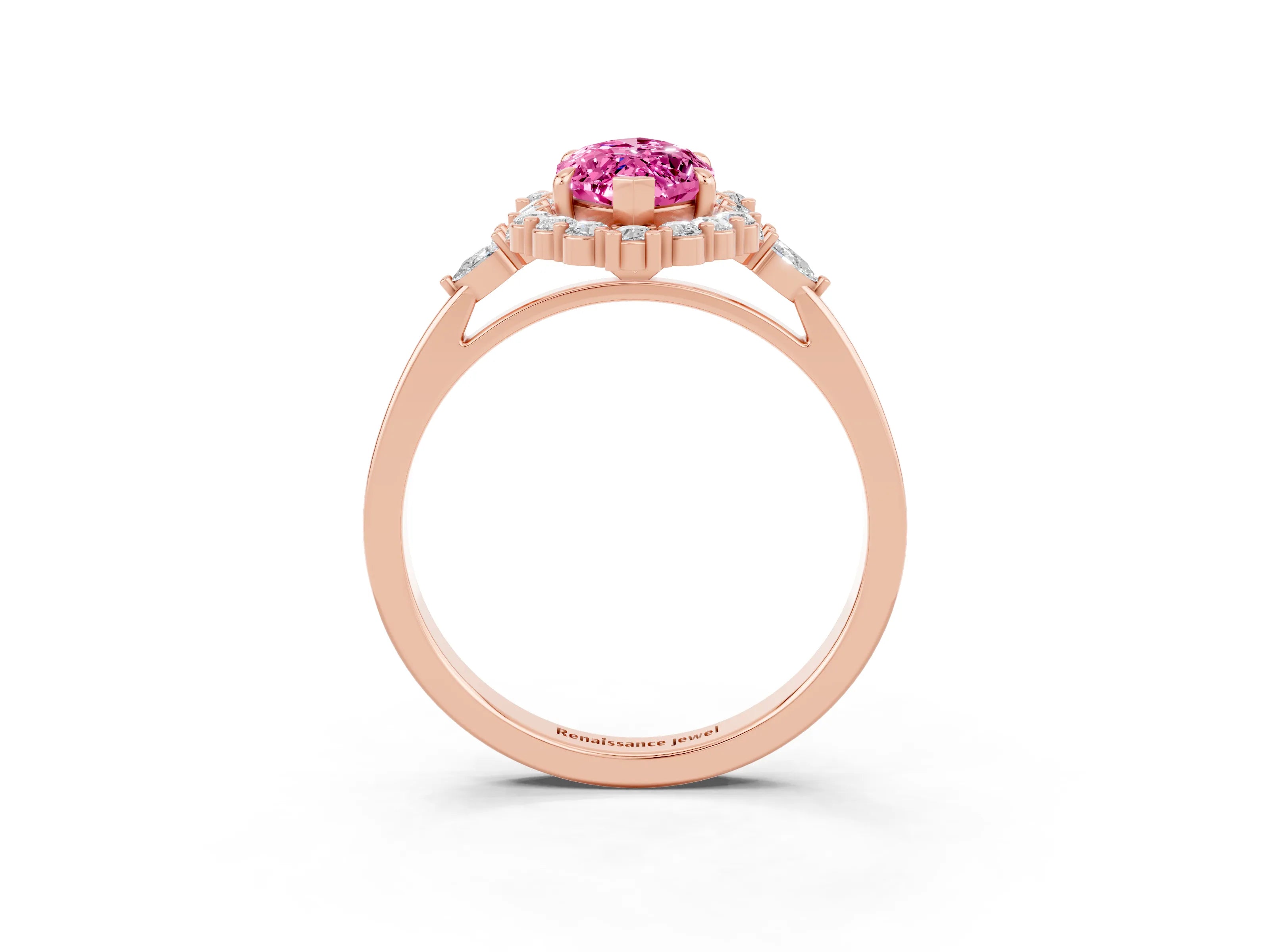 Rose gold Marquise Cut Pink Sapphire Halo Ring with Pear Side Stones and Prong Setting_39
