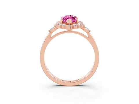 Rose gold Marquise Cut Pink Sapphire Halo Ring with Pear Side Stones and Prong Setting_39