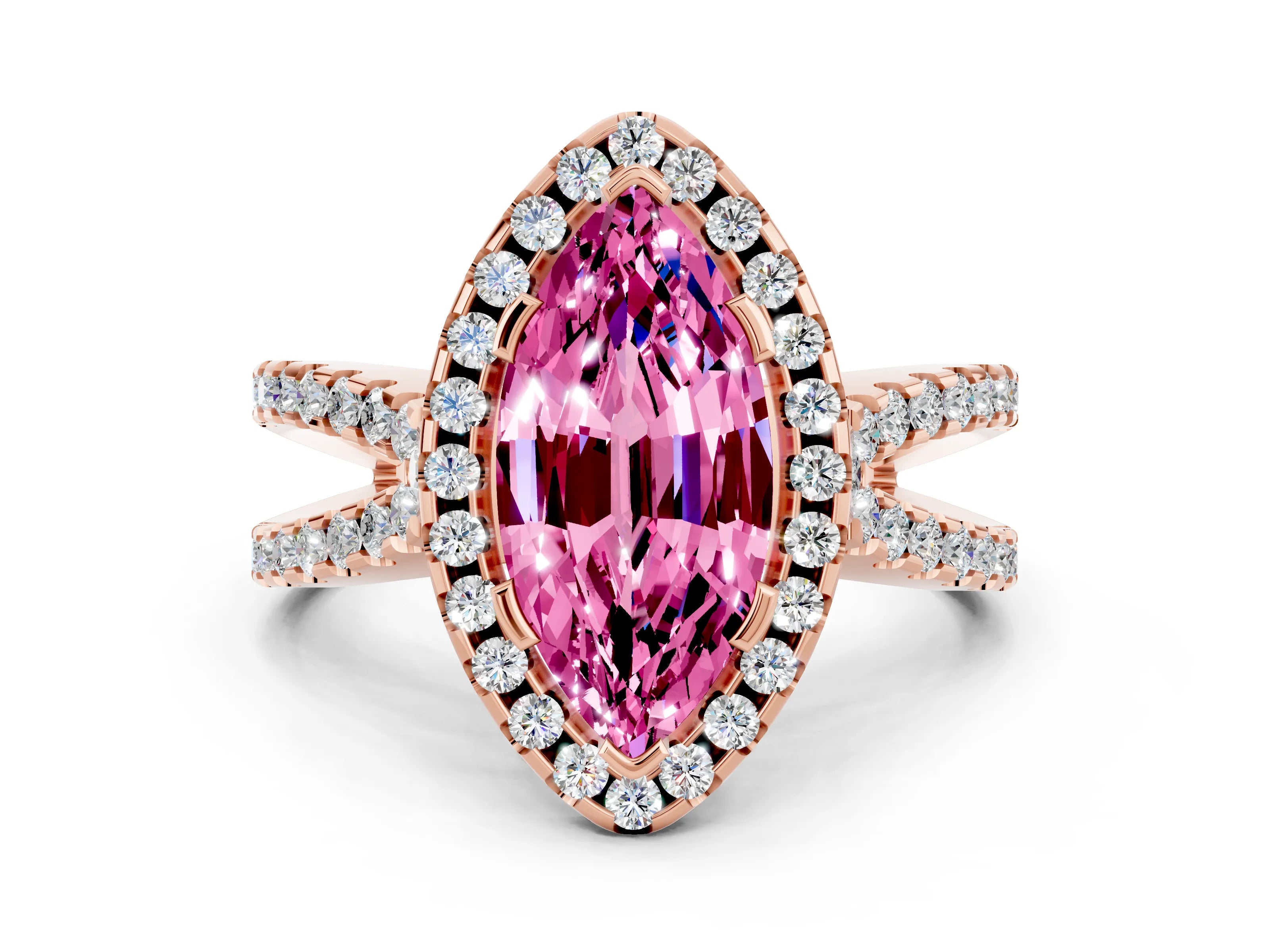 Rose gold Marquise Cut Pink Sapphire Halo Ring with Split Shank Pavé Band and Prong Setting_12