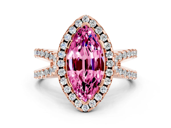 Rose gold Marquise Cut Pink Sapphire Halo Ring with Split Shank Pavé Band and Prong Setting