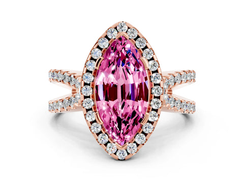 Rose gold Marquise Cut Pink Sapphire Halo Ring with Split Shank Pavé Band and Prong Setting_12
