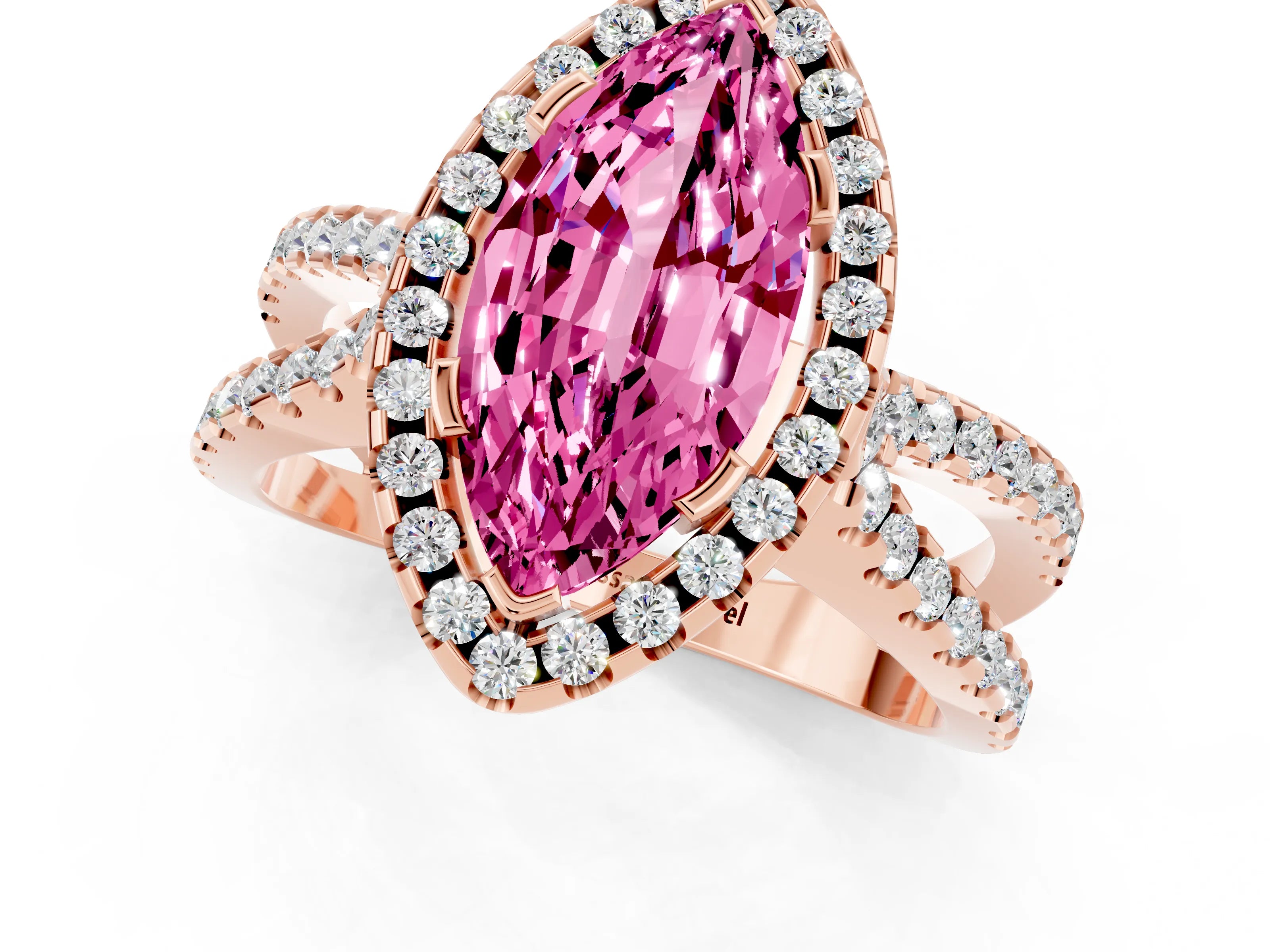 Rose gold Marquise Cut Pink Sapphire Halo Ring with Split Shank Pavé Band and Prong Setting_13