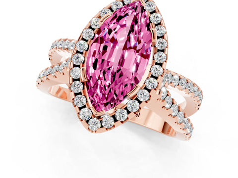 Rose gold Marquise Cut Pink Sapphire Halo Ring with Split Shank Pavé Band and Prong Setting_13