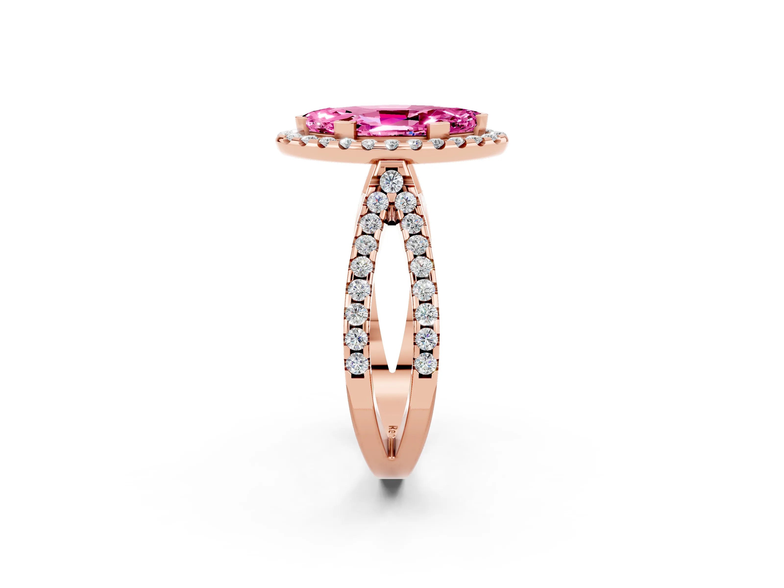 Rose gold Marquise Cut Pink Sapphire Halo Ring with Split Shank Pavé Band and Prong Setting_14