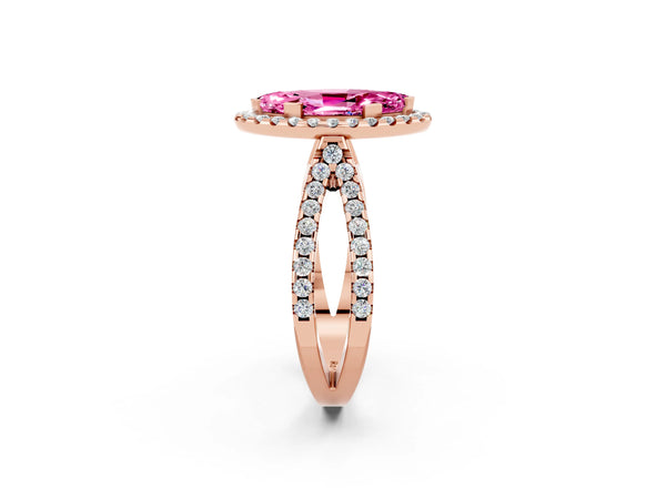 Rose gold Marquise Cut Pink Sapphire Halo Ring with Split Shank Pavé Band and Prong Setting