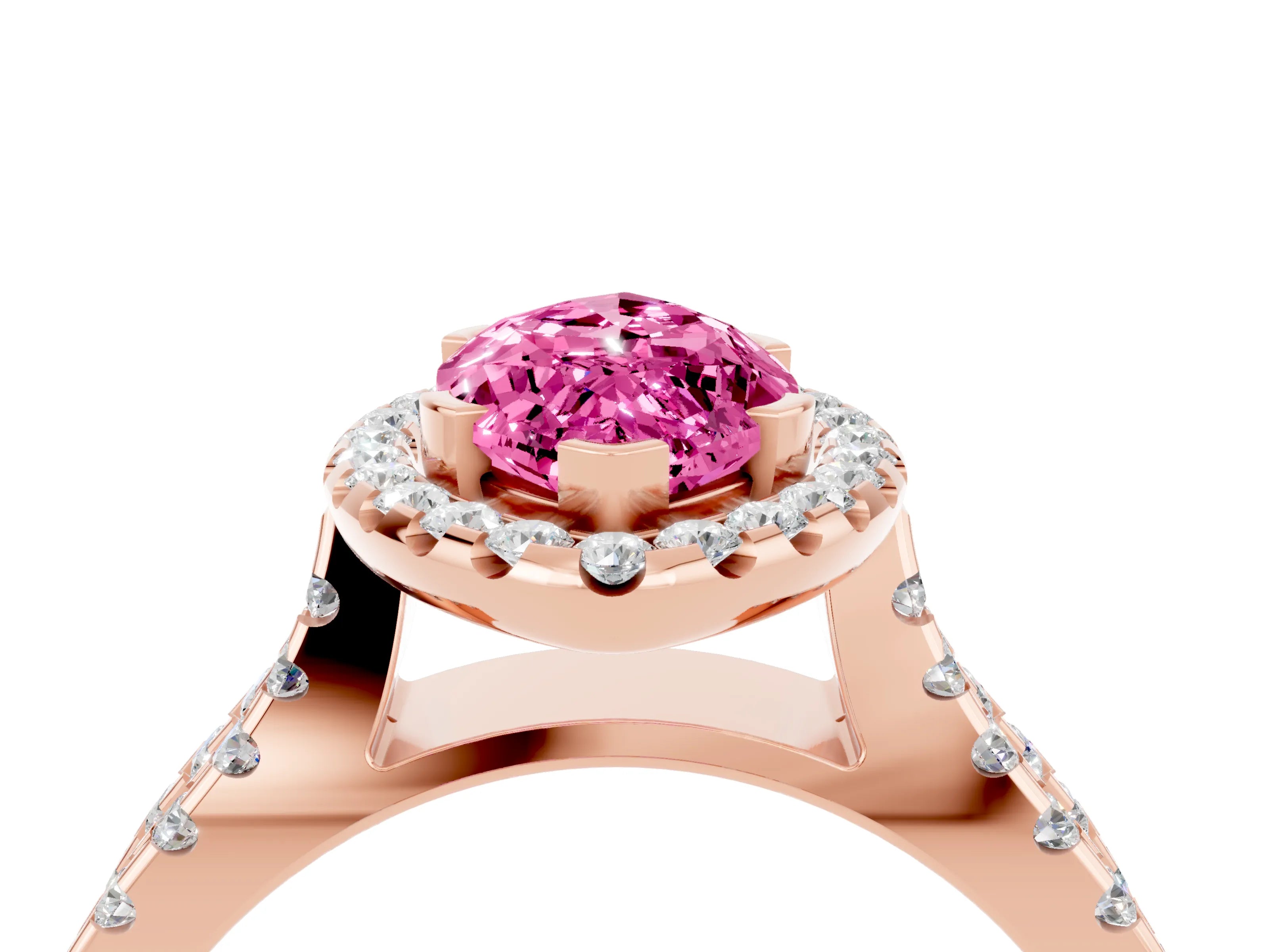 Rose gold Marquise Cut Pink Sapphire Halo Ring with Split Shank Pavé Band and Prong Setting_16
