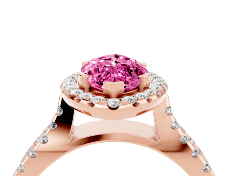 Rose gold Marquise Cut Pink Sapphire Halo Ring with Split Shank Pavé Band and Prong Setting_16