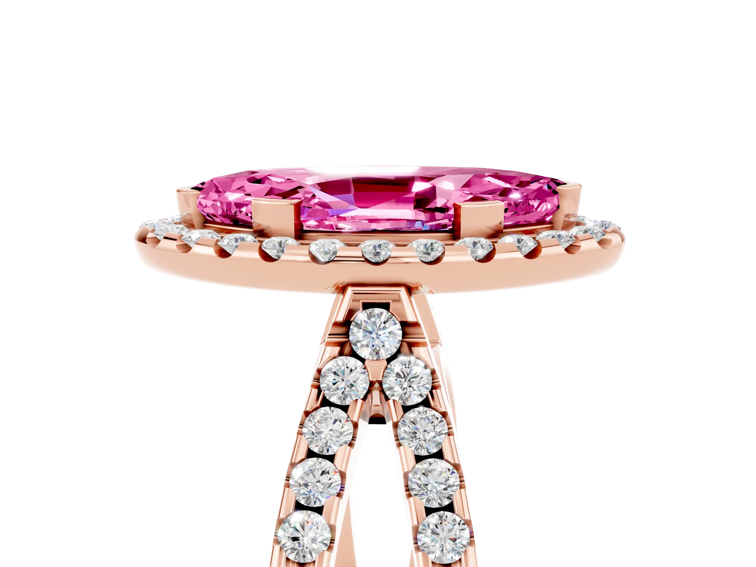 Rose gold Marquise Cut Pink Sapphire Halo Ring with Split Shank Pavé Band and Prong Setting_17