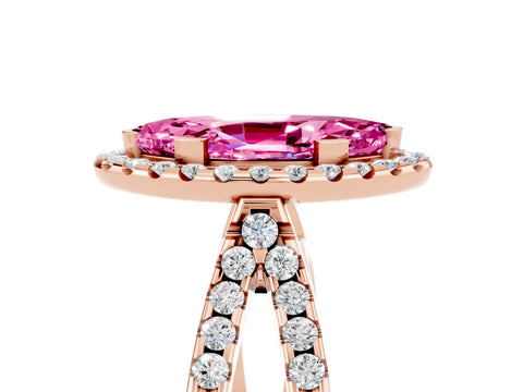Rose gold Marquise Cut Pink Sapphire Halo Ring with Split Shank Pavé Band and Prong Setting_17