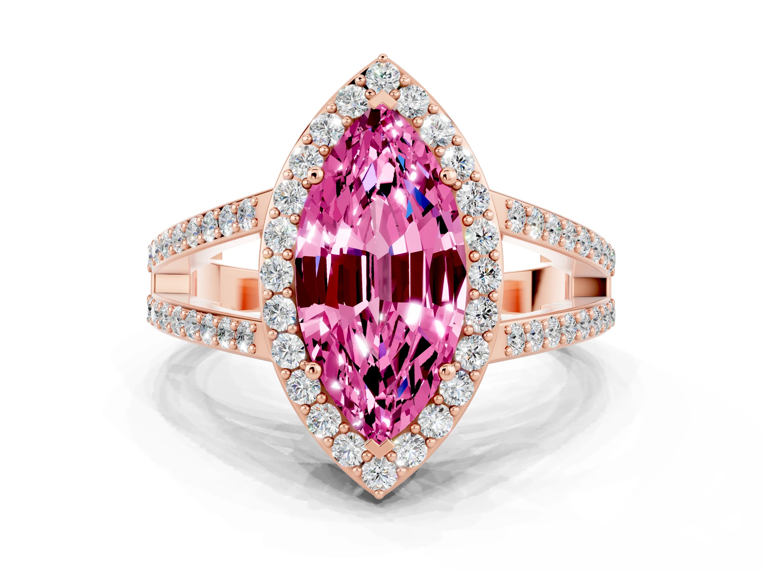 Rose gold Marquise Cut Pink Sapphire Halo Ring with Split Shank U-Prong Band and Four-Prong Setting
