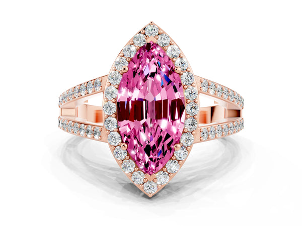 Rose gold Marquise Cut Pink Sapphire Halo Ring with Split Shank U-Prong Band and Four-Prong Setting