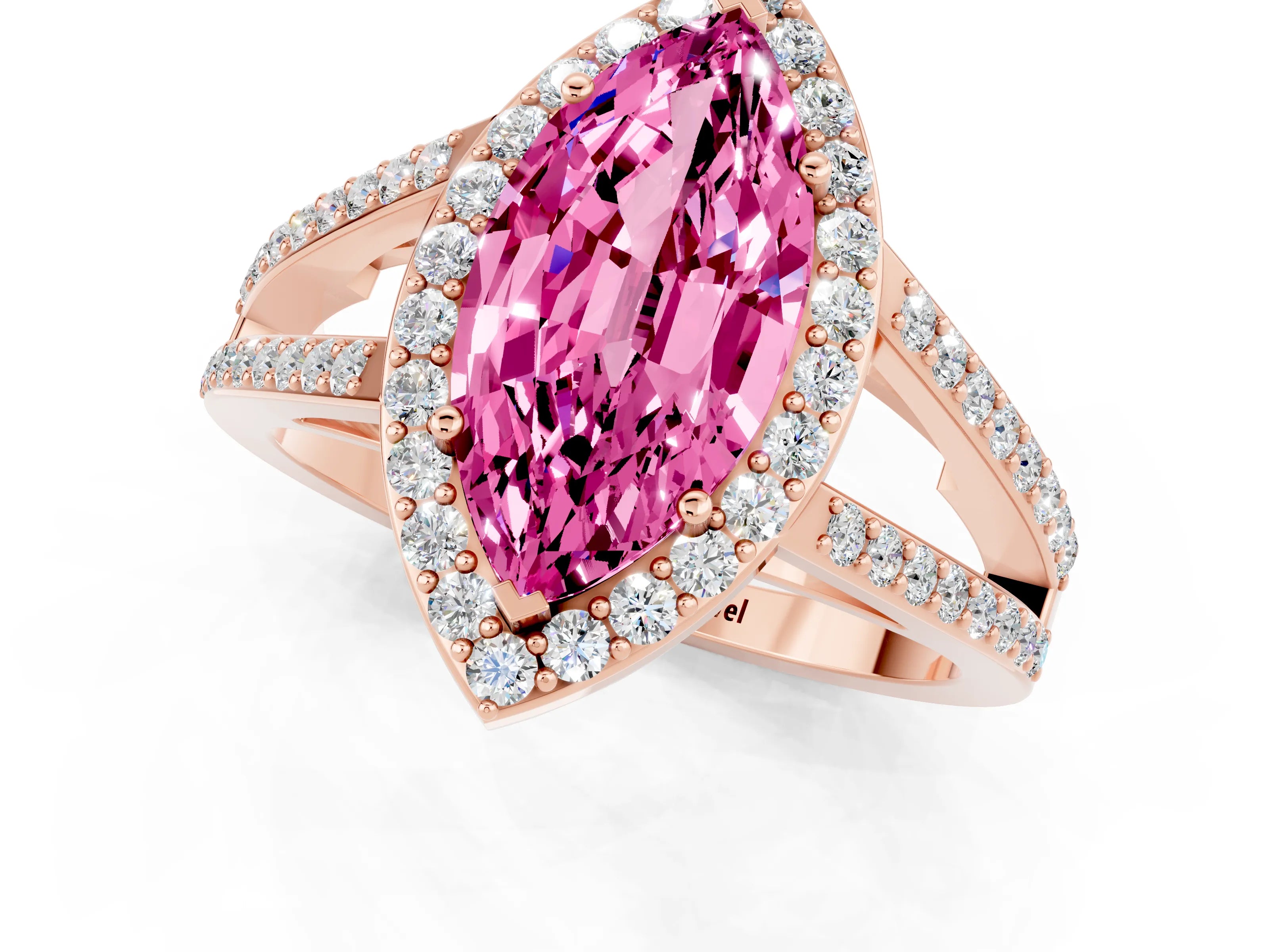 Rose gold Marquise Cut Pink Sapphire Halo Ring with Split Shank U-Prong Band and Four-Prong Setting_1