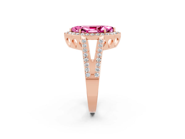 Rose gold Marquise Cut Pink Sapphire Halo Ring with Split Shank U-Prong Band and Four-Prong Setting