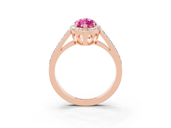 Rose gold Marquise Cut Pink Sapphire Halo Ring with Split Shank U-Prong Band and Four-Prong Setting