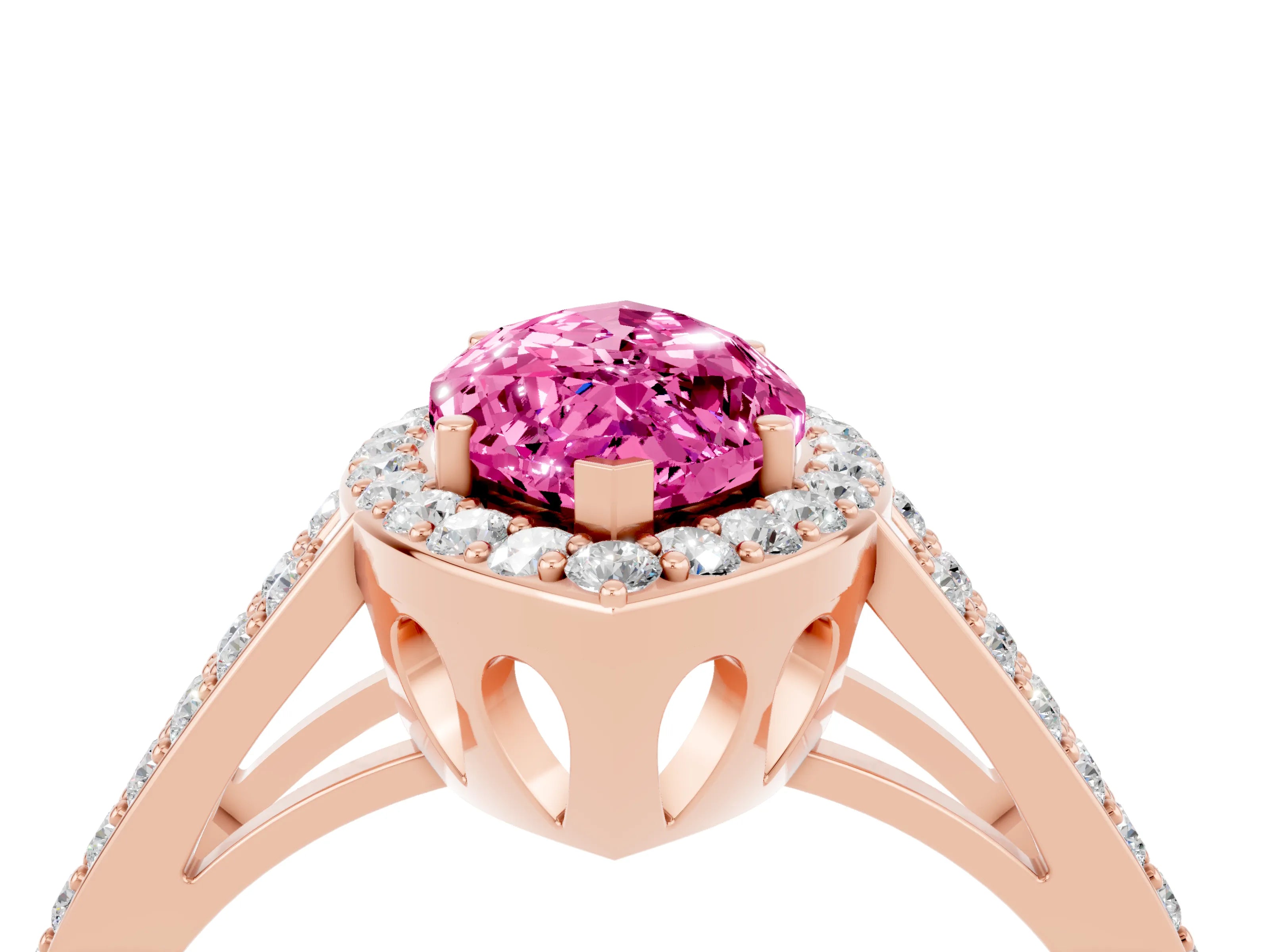 Rose gold Marquise Cut Pink Sapphire Halo Ring with Split Shank U-Prong Band and Four-Prong Setting_4