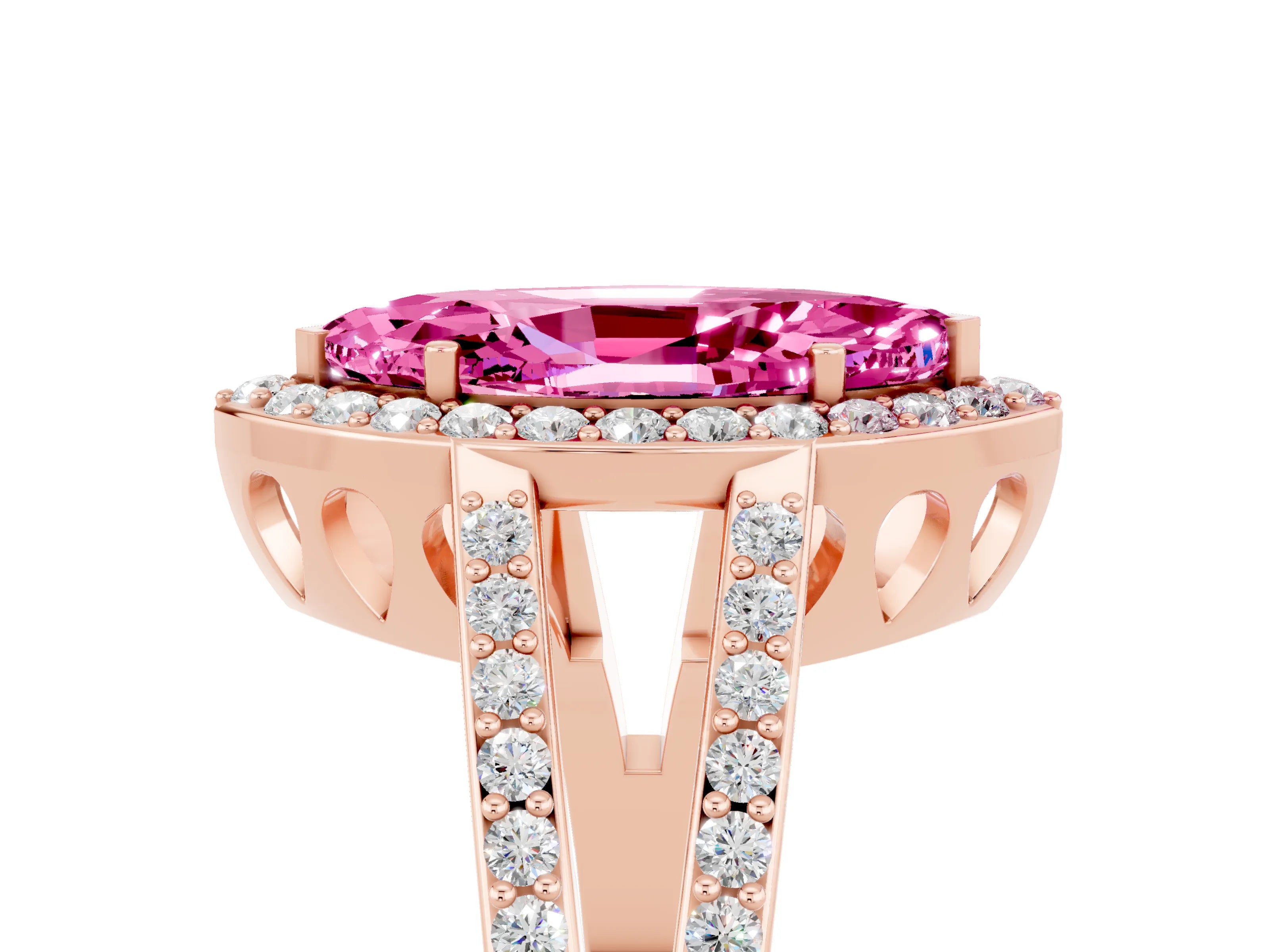 Rose gold Marquise Cut Pink Sapphire Halo Ring with Split Shank U-Prong Band and Four-Prong Setting_5