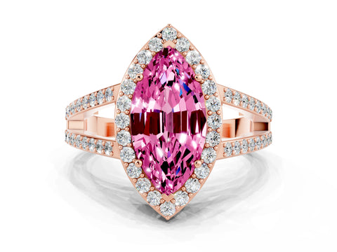 Rose gold Marquise Cut Pink Sapphire Halo Ring with Split Shank U-Prong Band and Four-Prong Setting