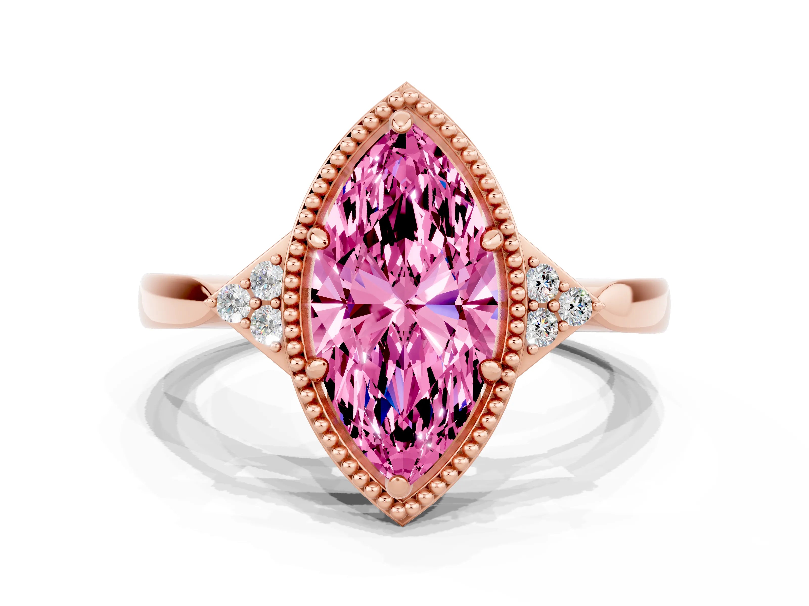 Rose gold Marquise Cut Pink Sapphire Halo Ring with Tapered Band and Four-Prong Setting