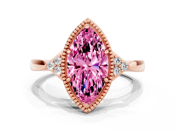 Rose gold Marquise Cut Pink Sapphire Halo Ring with Tapered Band and Four-Prong Setting