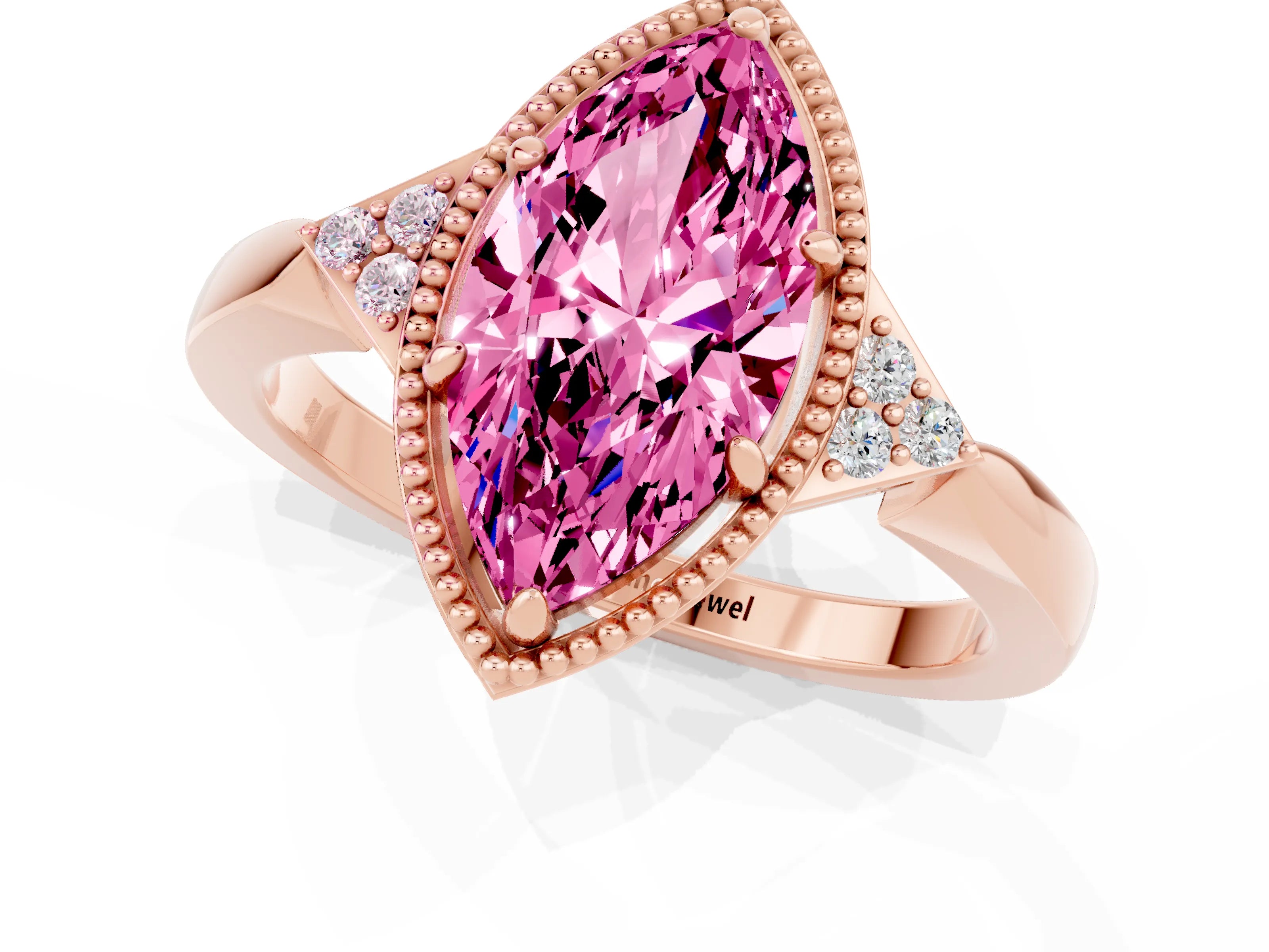 Rose gold Marquise Cut Pink Sapphire Halo Ring with Tapered Band and Four-Prong Setting_1