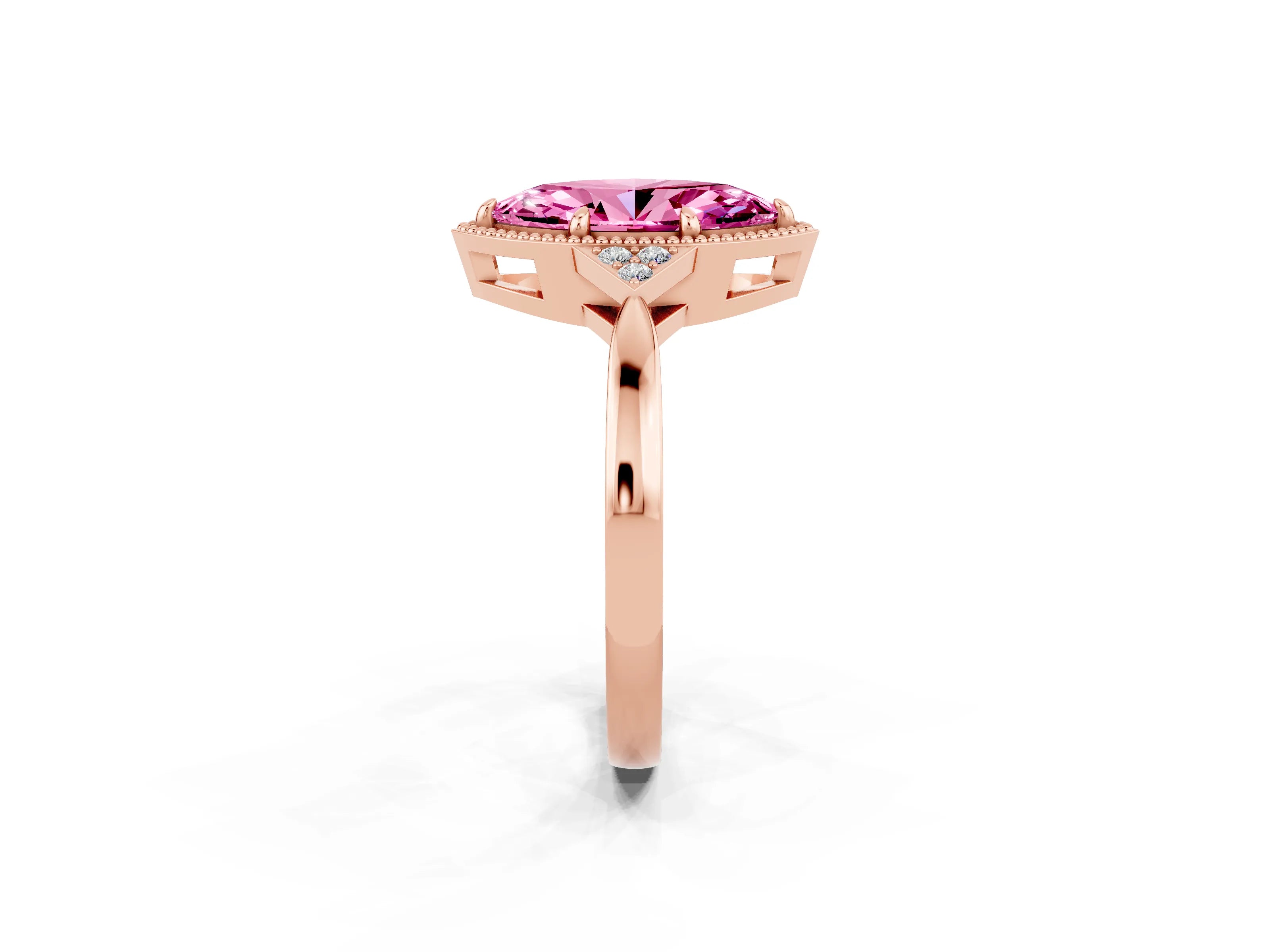 Rose gold Marquise Cut Pink Sapphire Halo Ring with Tapered Band and Four-Prong Setting_2