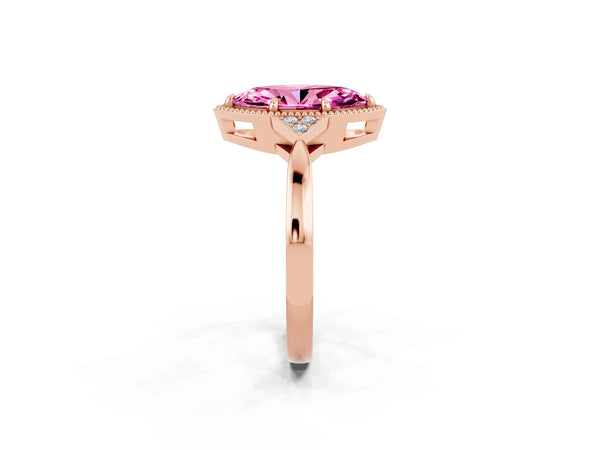 Rose gold Marquise Cut Pink Sapphire Halo Ring with Tapered Band and Four-Prong Setting