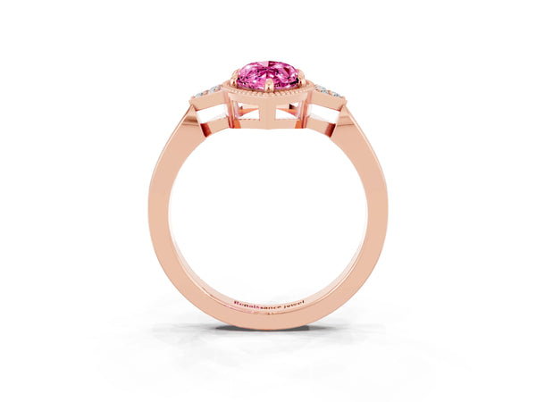 Rose gold Marquise Cut Pink Sapphire Halo Ring with Tapered Band and Four-Prong Setting