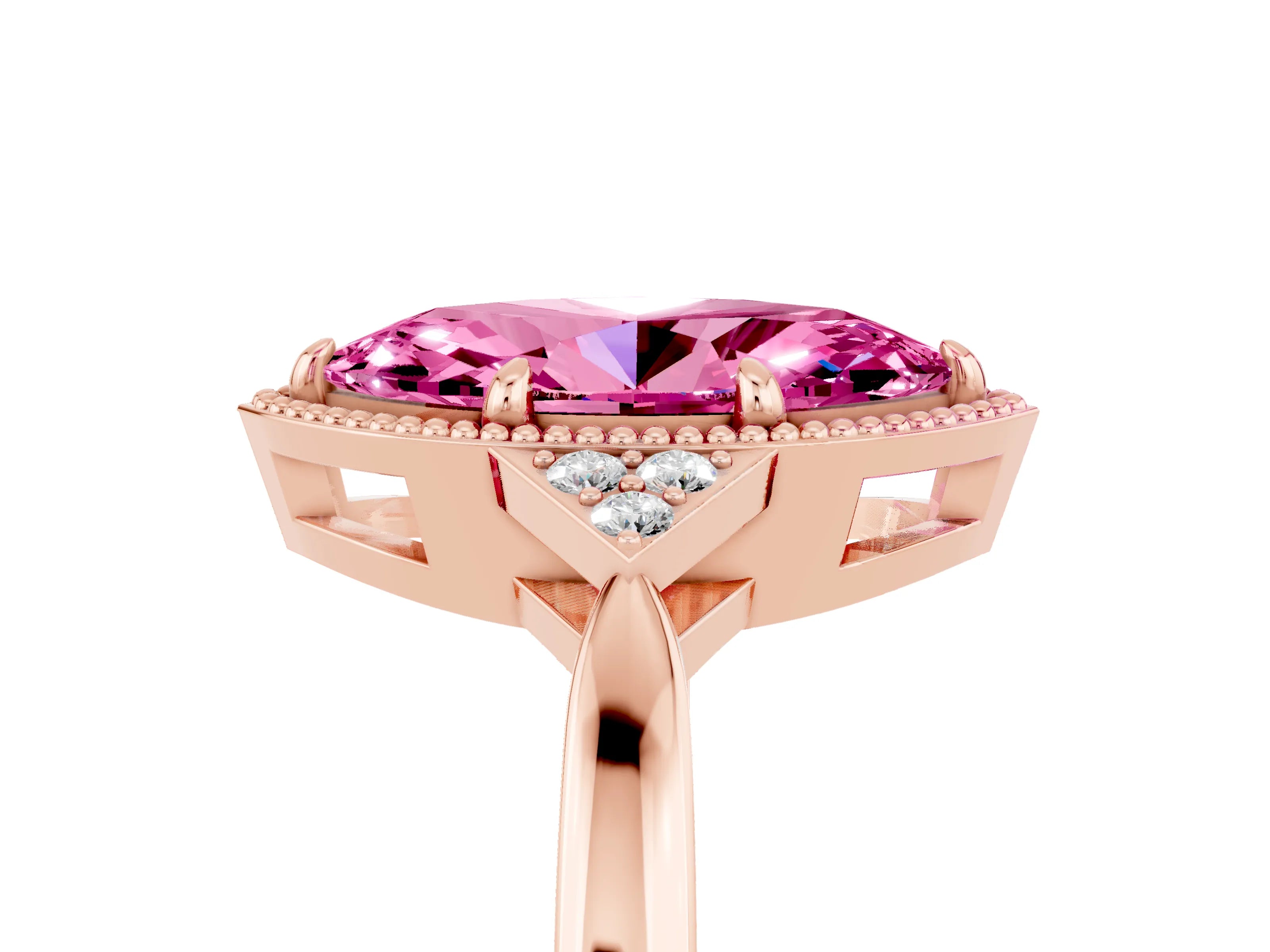 Rose gold Marquise Cut Pink Sapphire Halo Ring with Tapered Band and Four-Prong Setting_5