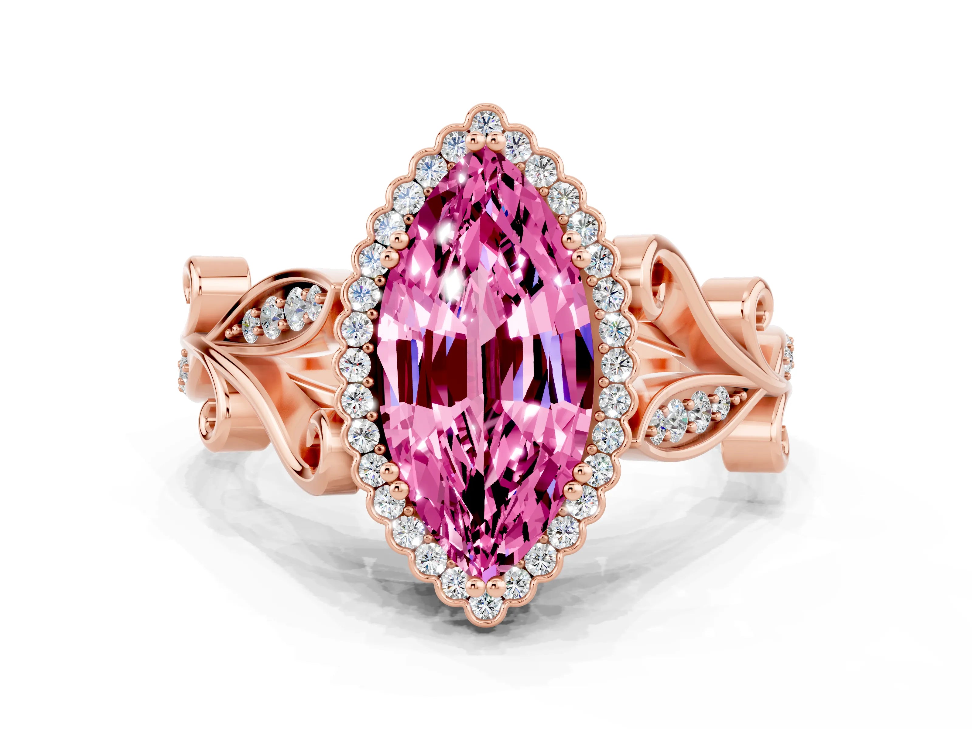 Rose gold Marquise Cut Pink Sapphire Halo Ring with Vintage Split Shank and Four-Prong Setting