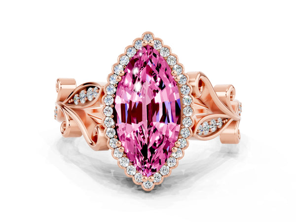 Rose gold Marquise Cut Pink Sapphire Halo Ring with Vintage Split Shank and Four-Prong Setting