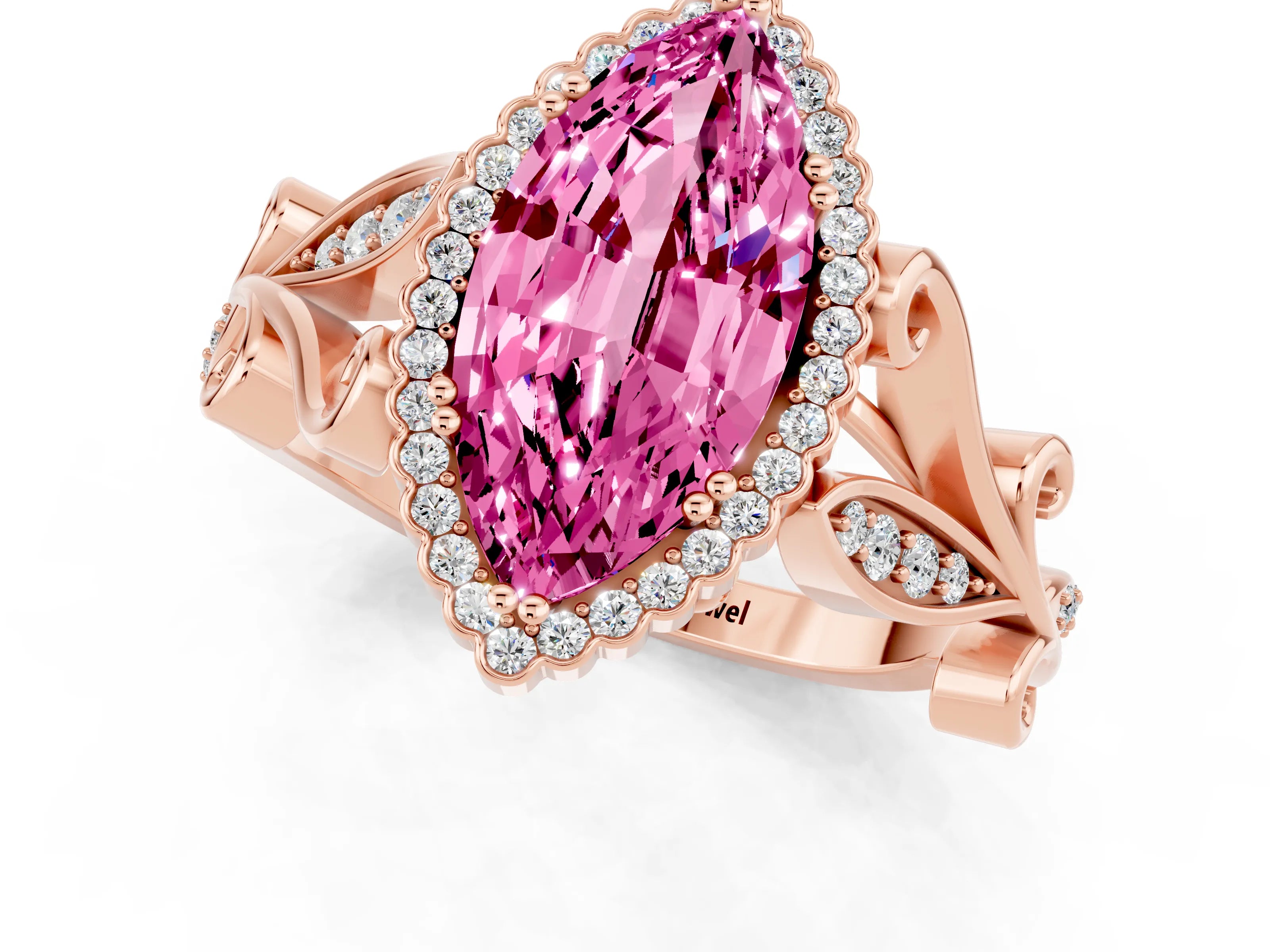 Rose gold Marquise Cut Pink Sapphire Halo Ring with Vintage Split Shank and Four-Prong Setting_1