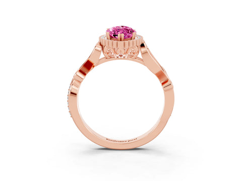 Rose gold Marquise Cut Pink Sapphire Halo Ring with Vintage Split Shank and Four-Prong Setting_3