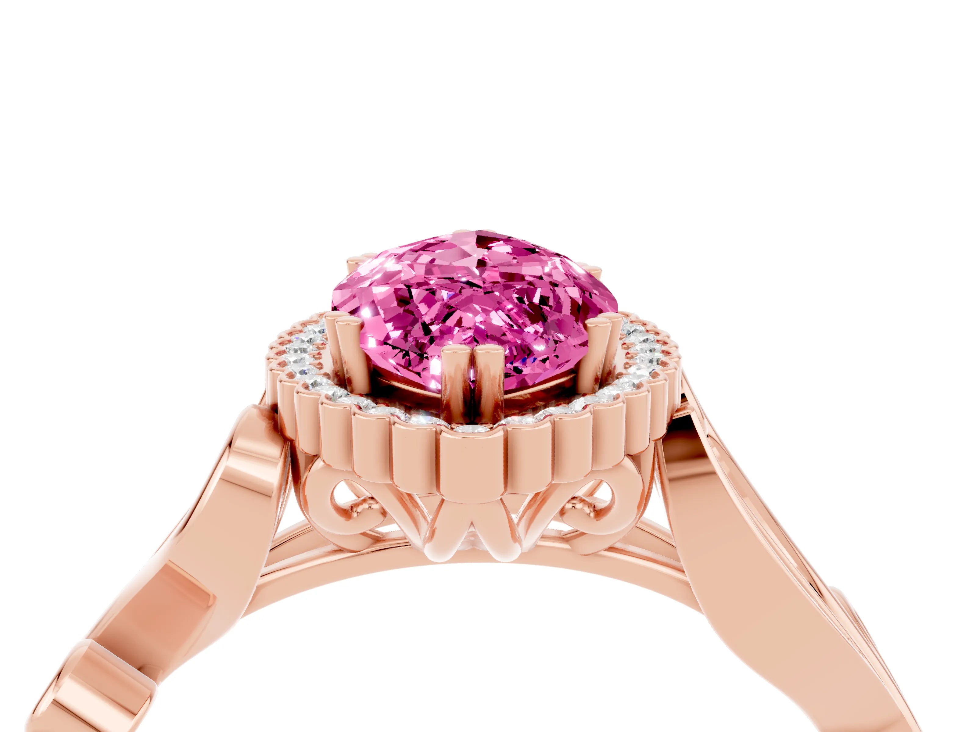 Rose gold Marquise Cut Pink Sapphire Halo Ring with Vintage Split Shank and Four-Prong Setting_4
