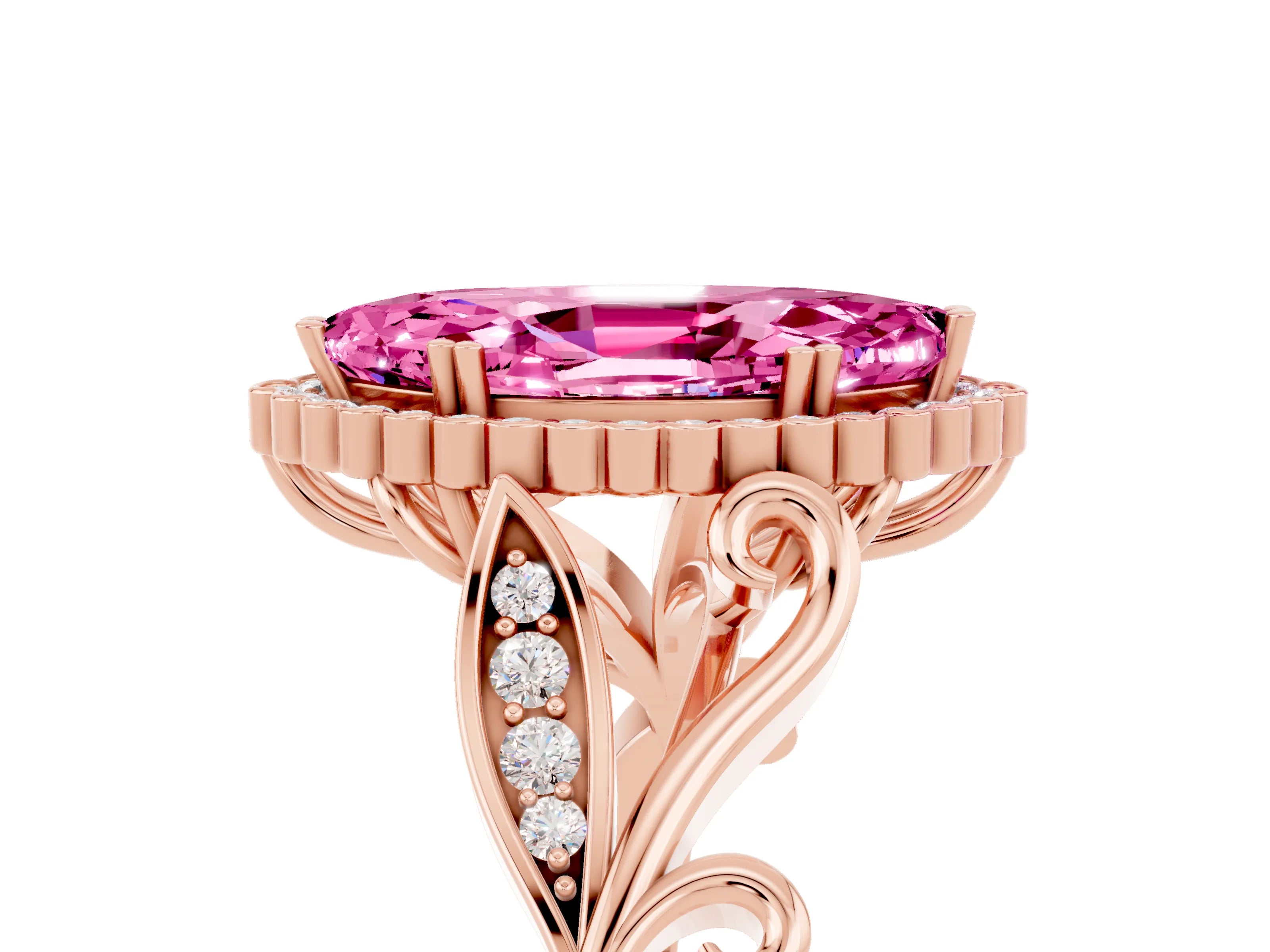 Rose gold Marquise Cut Pink Sapphire Halo Ring with Vintage Split Shank and Four-Prong Setting_5