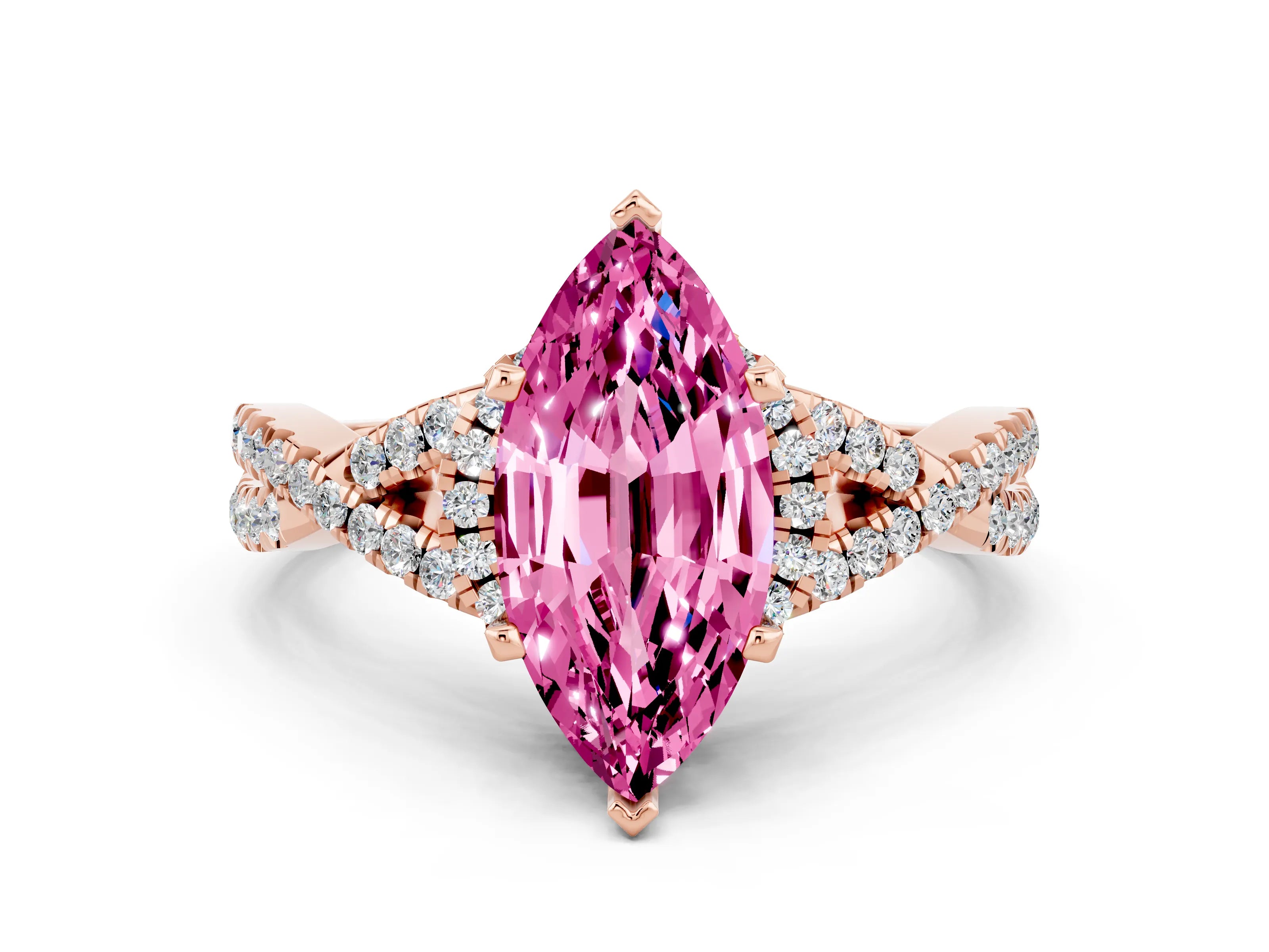 Rose gold Marquise Cut Pink Sapphire Halo Twist Band Solitaire Prong Setting Ring_24