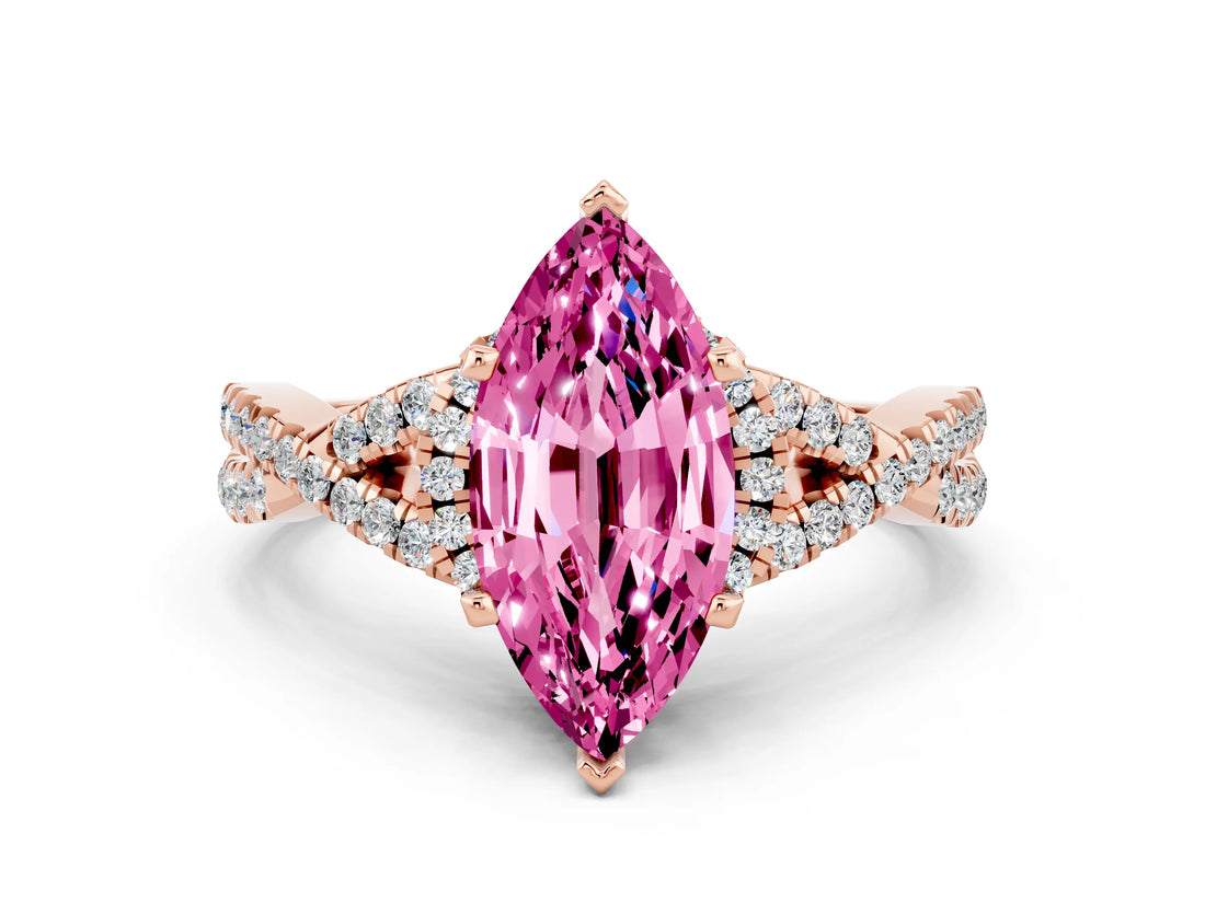 Rose gold Marquise Cut Pink Sapphire Halo Twist Band Solitaire Prong Setting Ring_24