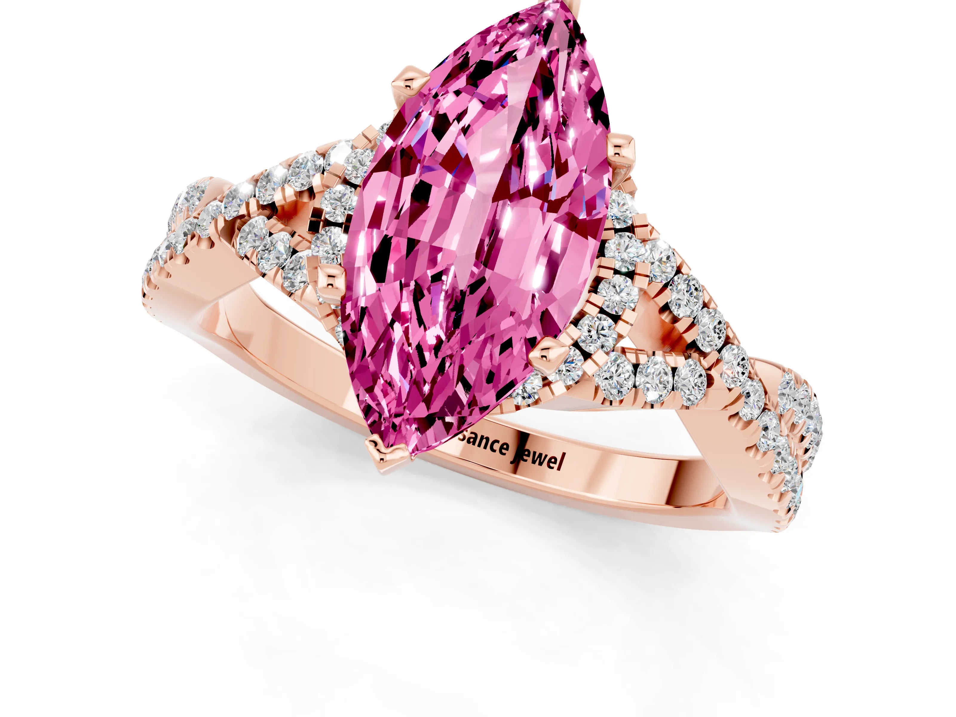Rose gold Marquise Cut Pink Sapphire Halo Twist Band Solitaire Prong Setting Ring_25