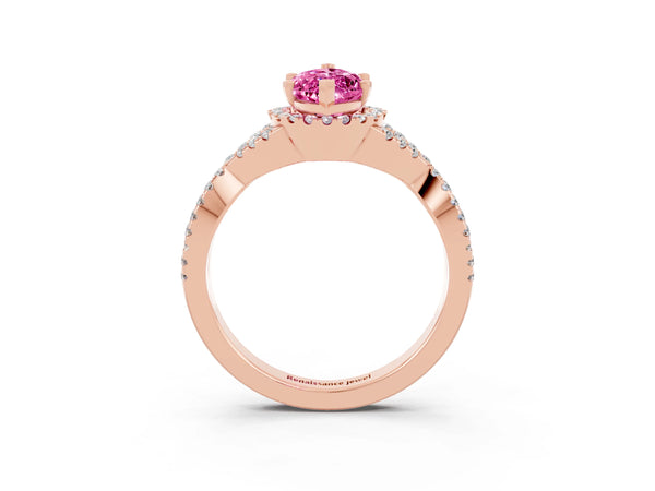 Rose gold Marquise Cut Pink Sapphire  Halo Twist Band Solitaire Prong Setting Ring