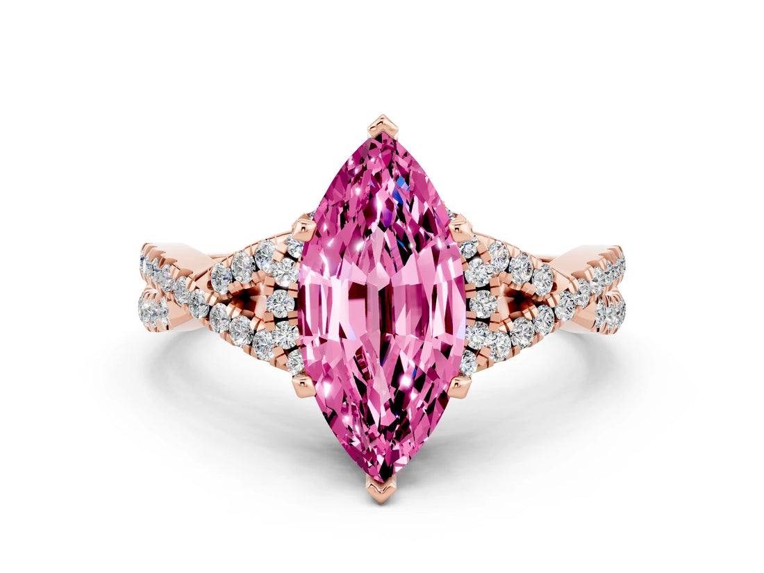 Rose gold Marquise Cut Pink Sapphire  Halo Twist Band Solitaire Prong Setting Ring_42