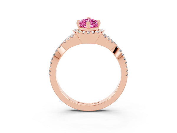 Rose gold Marquise Cut Pink Sapphire  Halo Twist Band Solitaire Prong Setting Ring
