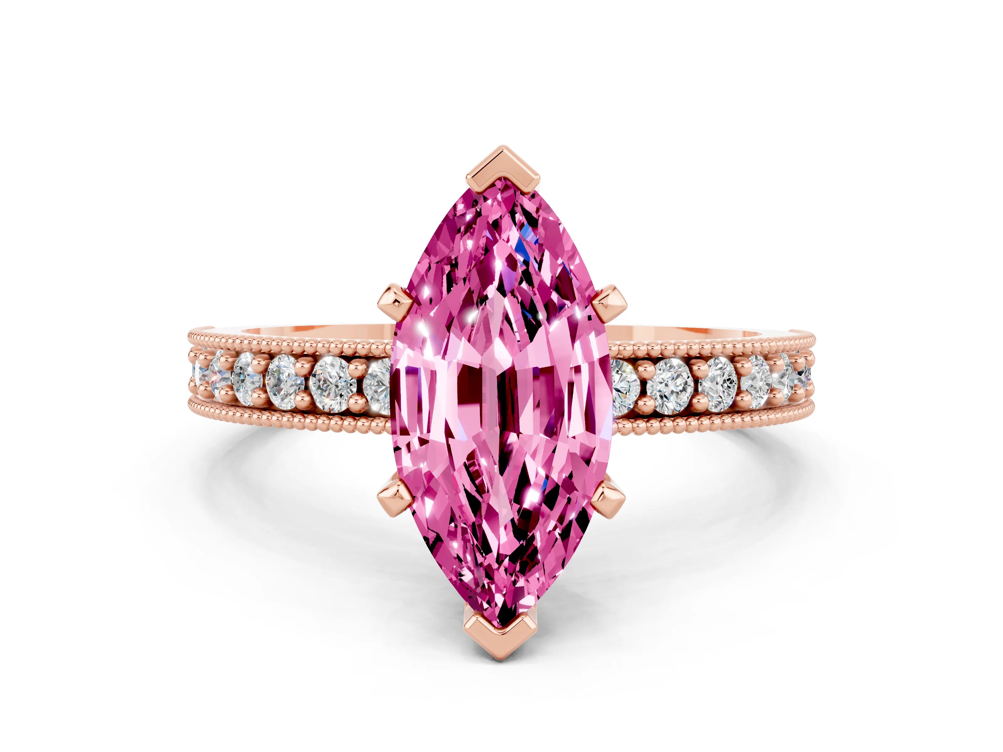 Rose gold Marquise Cut Pink Sapphire Milgrain Pavé Engagement Ring with Four-Prong Setting_24
