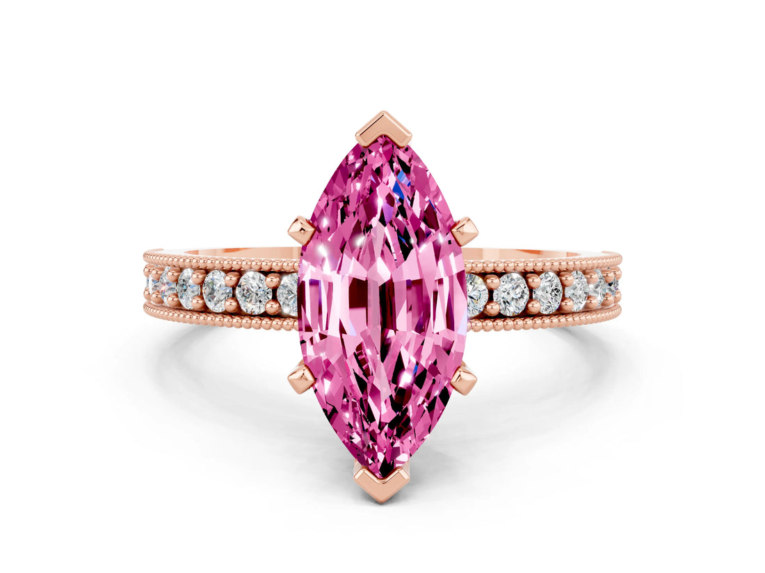 Rose gold Marquise Cut Pink Sapphire Milgrain Pavé Engagement Ring with Four-Prong Setting_24