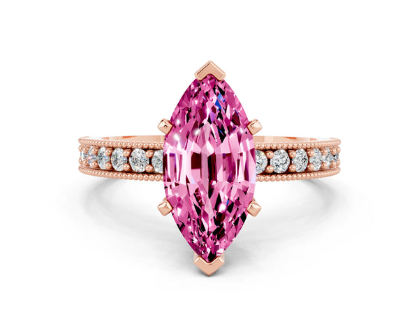 Rose gold Marquise Cut Pink Sapphire Milgrain Pavé Engagement Ring with Four-Prong Setting