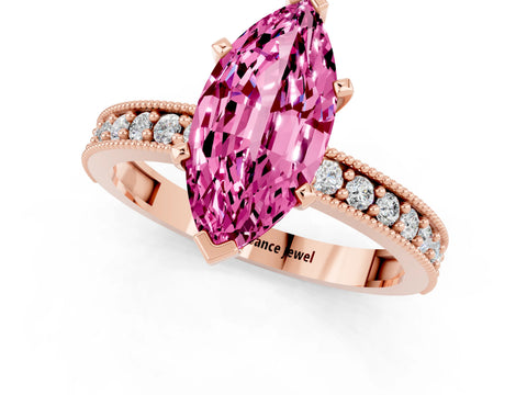 Rose gold Marquise Cut Pink Sapphire Milgrain Pavé Engagement Ring with Four-Prong Setting_25
