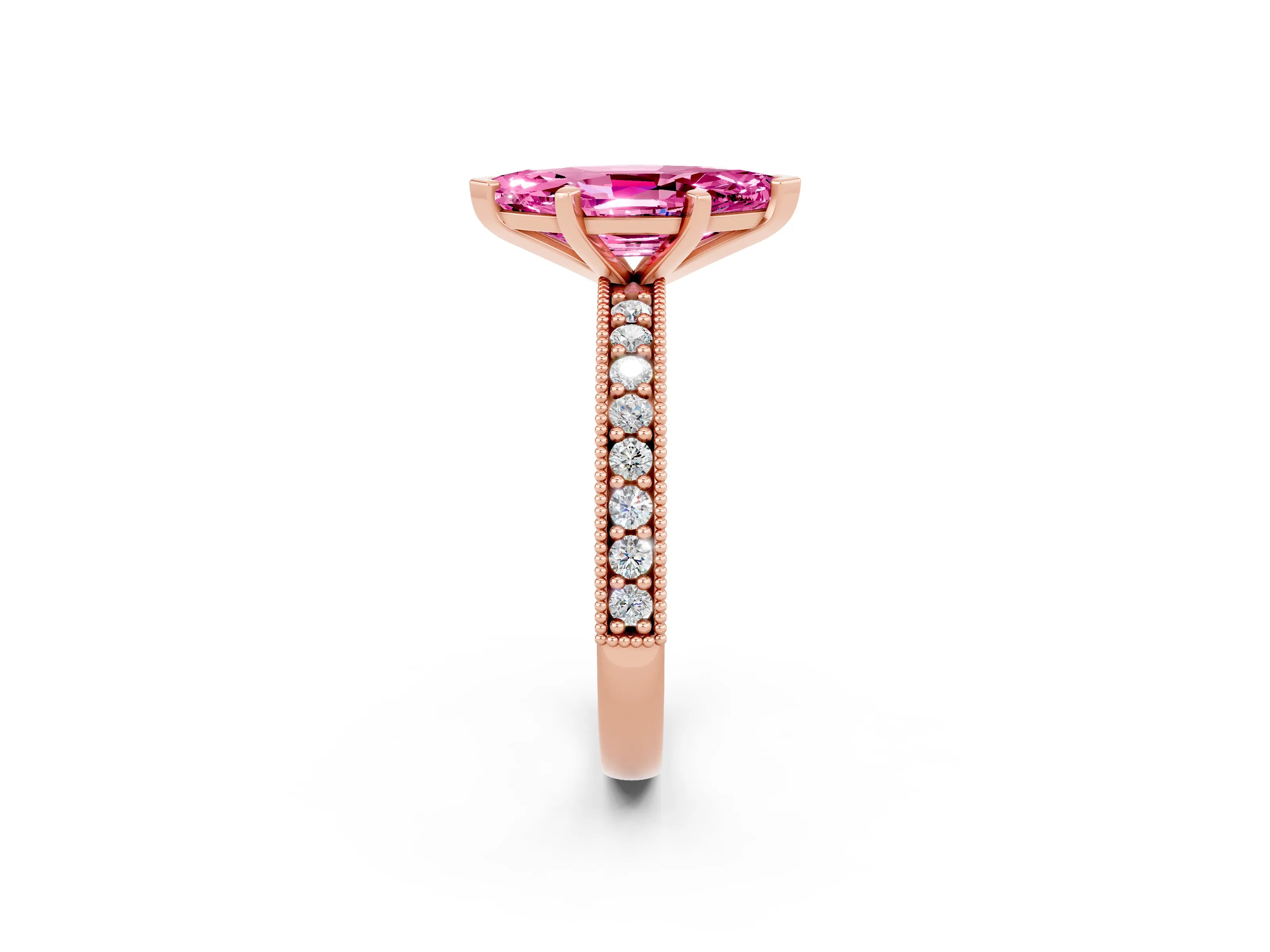 Rose gold Marquise Cut Pink Sapphire Milgrain Pavé Engagement Ring with Four-Prong Setting_26